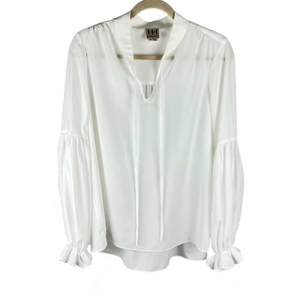 Haute Hippie White Balloon Sleeve Tie Neck Ruffle Blouse Size M - Picture 2 of 8